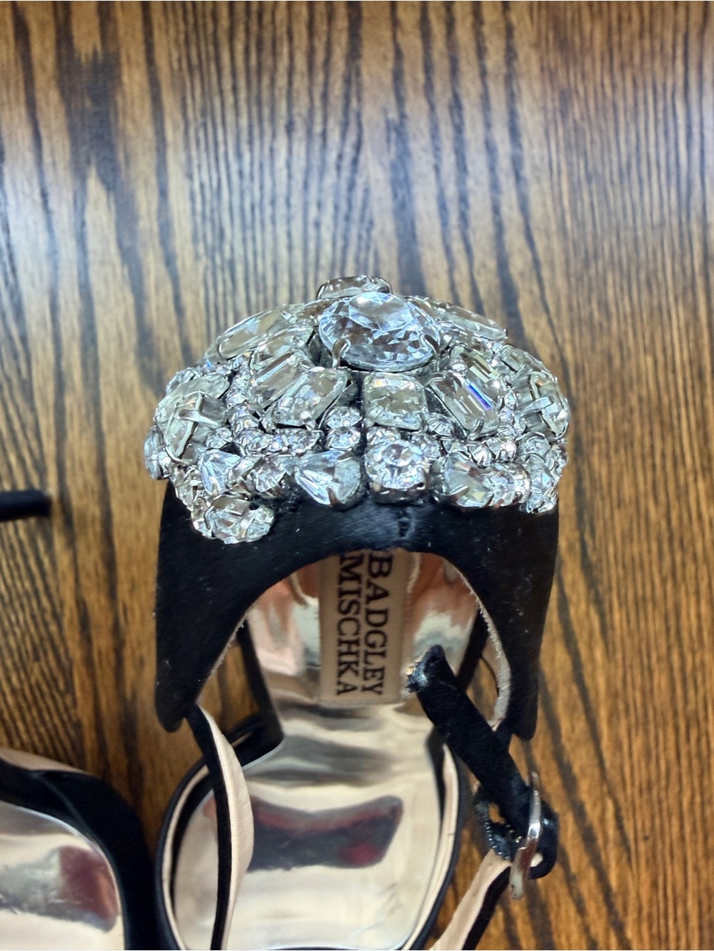 Badgley Mischka Black Satin Crystal Embellished Ankle Strap Heels size 7 - Picture 8 of 12